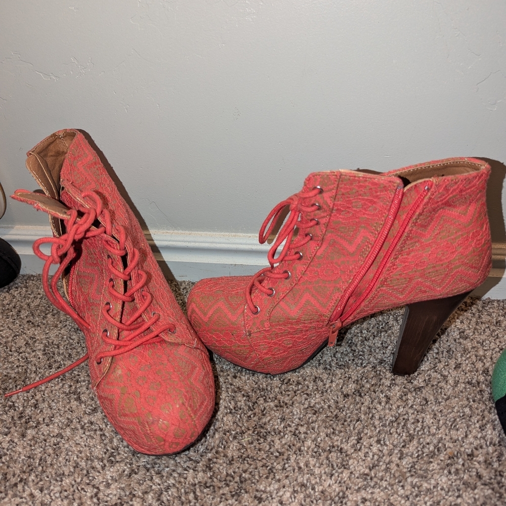 Coral lace tie up booties